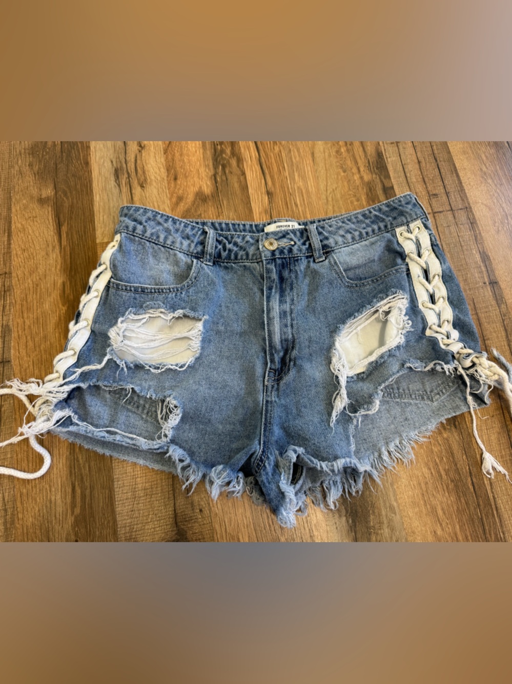 Forever 21 Distressed Lace Up Sides High Rise Coastal Cowgirl Denim Shorts 8/29